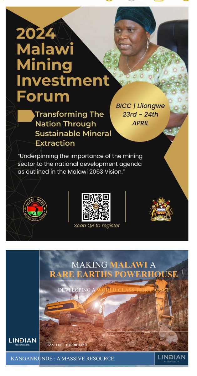 2024 Malawi Mining Investment Forum
….BICC / Lilongwe 23rd - 24th APRIL…
'Underpinning the importance of the mining sector to the national development agenda as outlined in the Malawi 2063 Vision.'
#malawi🇲🇼#mining 
@ASXLindian $LIN $LIN.ax #rareearths