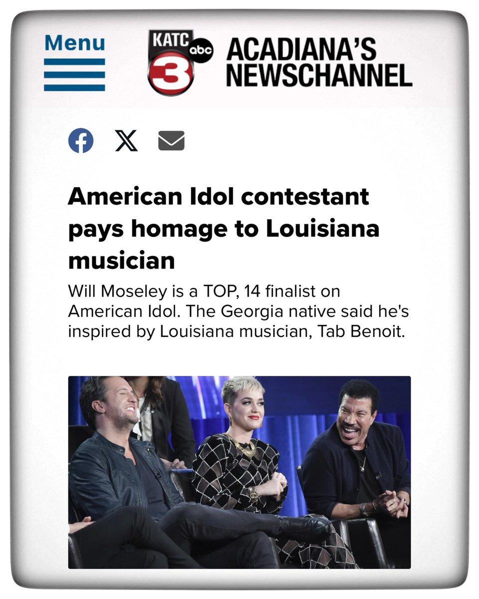 Good Luck, Will! …..🎙️American Idol contestant pays homage to Louisiana musician — @WillMoseley07 is a TOP, 14 finalist on American Idol. The Georgia native said he's inspired by Louisiana musician, Tab Benoit. 📖 READ: katc.com/homepage-showc…
