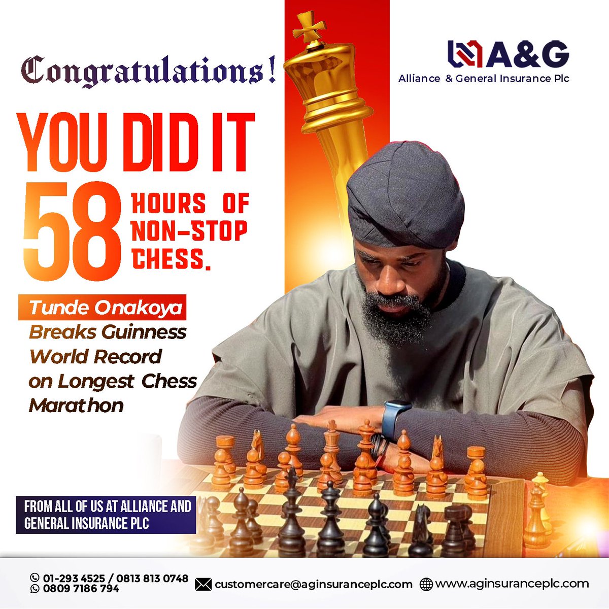 With determination and focus, you can achieve it all. 

Congratulations to @Tunde_OD 

#TundeOnakoya #ChessinSlum #GuinnessWorldRecord #BelieveinYourself #ItCanBeDone #AllianceandGeneralInsurance
#LongestChessMarathon #Nigeria