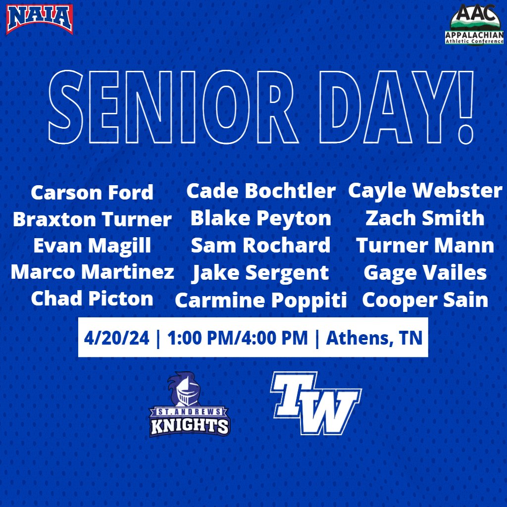 IT’S SENIOR DAY! #20 @TWU_Baseball celebrates Senior Day and closes out their @AACsports series against St. Andrews University this afternoon. GAMEDAY info ⤵️: 📍Athens, TN ⏰1:00 PM/4:00 PM ⚾️vs. St. Andrews 📈bit.ly/3qVJKXn 📹bit.ly/45gY3EK @DPASports