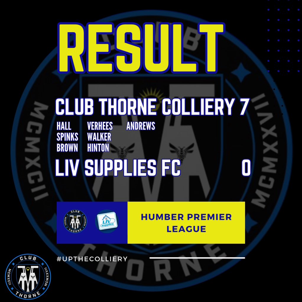 RESULT: 

Club Thorne Colliery 7
LIV Supplies FC         0

#colliery #clubthorne #upthecolliery #clubthorneacademy #thorne #moorends #doncasterisgreat #doncaster