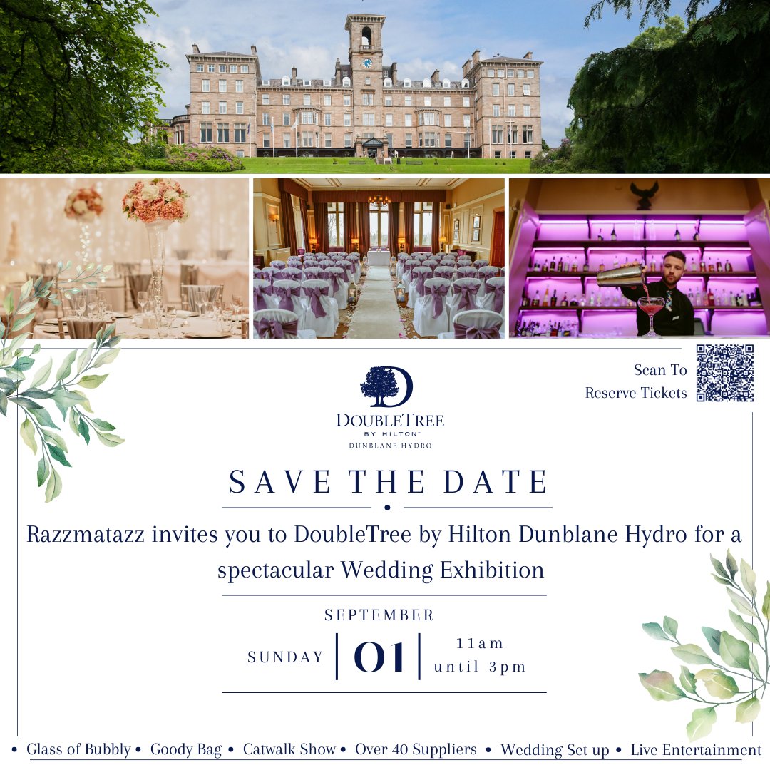 Razzmatazz are set to come to Dunblane Hydro for a fantastic wedding exhibition event this September! Find out more here hil.tn/o569qn and book your space here hil.tn/dubiai #Weddingexhibition #Razzmatazz #Weddingvenue