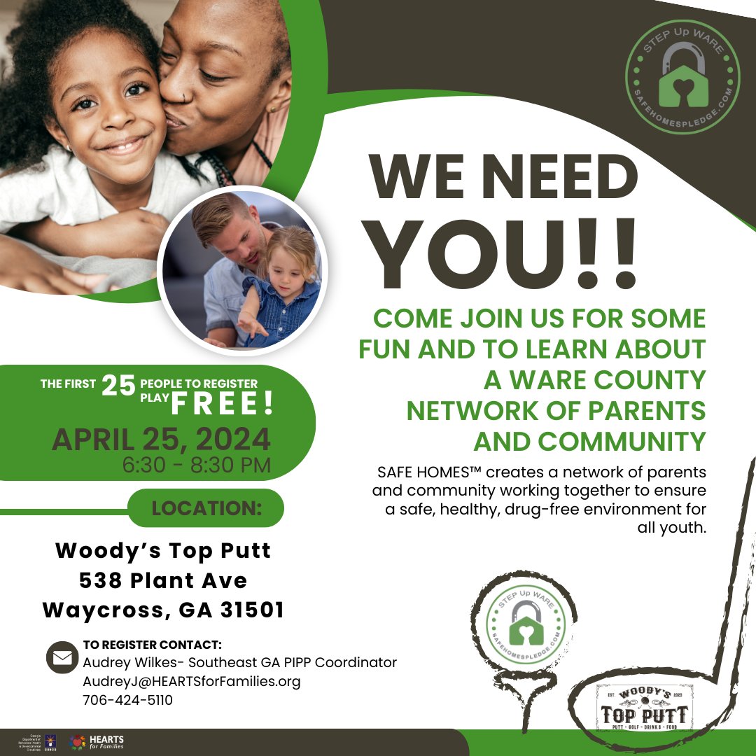 Live in Ware County? Register today and be a part of a fun evening on the greens!

#Prevention #HEARTSforFamilies #UnderageDrinkingandDrugPrevention #DBHDD #saveouryouth #parenting #parents #momlife #dadlife #opioidprevention  #STEPupWare #familyfun #woodystopputt