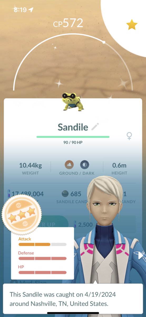 Shiny Sandile! I’ve always loved sandile ever since I played Pokémon black, my first Pokémon game. Super happy to get it so fast! #pokemon #pokemongo #shiny #shinies #hundo #shundo #gofest #gofest2024 #gofestNYC #pokemongofest #shinysandile #sandile #shiniesoftheweek