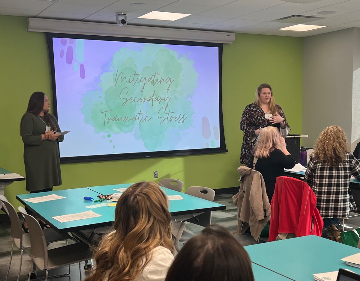 KatRestores's tweet photo. Can’t think of a better way to close the book on my chapter at Fargo Public Schools than presenting on secondary traumatic stress (compassion fatigue) with my professional twin flame @SydJAzure at the NDU Education Support Professional Conference in Bizzo! @NDUnited https://t.co/nDfb3Hqqqb