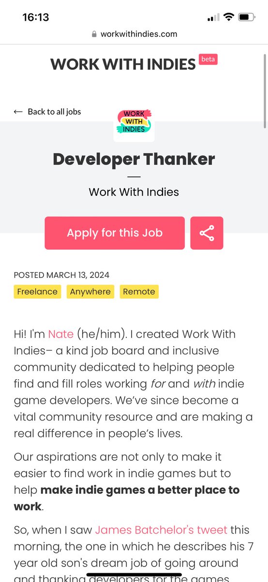 seasaltpopsicle's tweet photo. i was scrolling job boards to help my mentee and just saw this “role” from @WorkWithIndies and it’s one of? the cutest things i’ve seen? in so long?

sometimes this industry is good and work with indies remain one of my fav group of people

#thankyougamedev https://t.co/QwfBGlfdtg