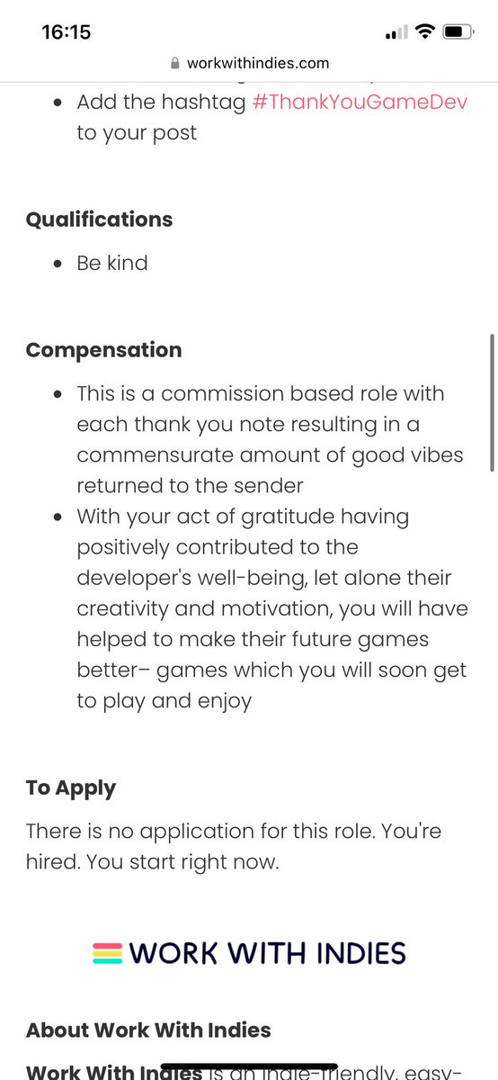 i was scrolling job boards to help my mentee and just saw this “role” from <a href="/WorkWithIndies/">Work With Indies ❤️💛💚</a> and it’s one of? the cutest things i’ve seen? in so long?

sometimes this industry is good and work with indies remain one of my fav group of people

#thankyougamedev