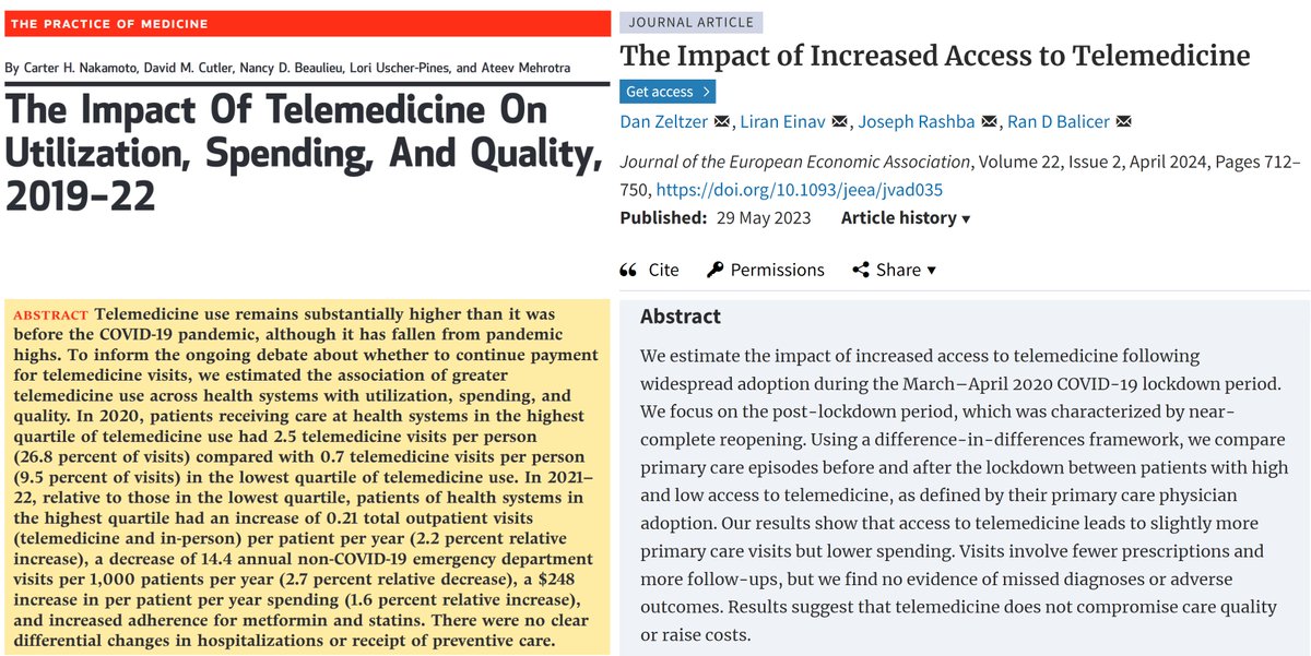 New study on telemedicine finds broadly similar (and small) impacts on utilization, cost, and quality in the US as we found in Israel. Not trivial given the many differences between the healthcare systems! Health Affairs: healthaffairs.org/doi/10.1377/hl… JEEA: doi.org/10.1093/jeea/j…