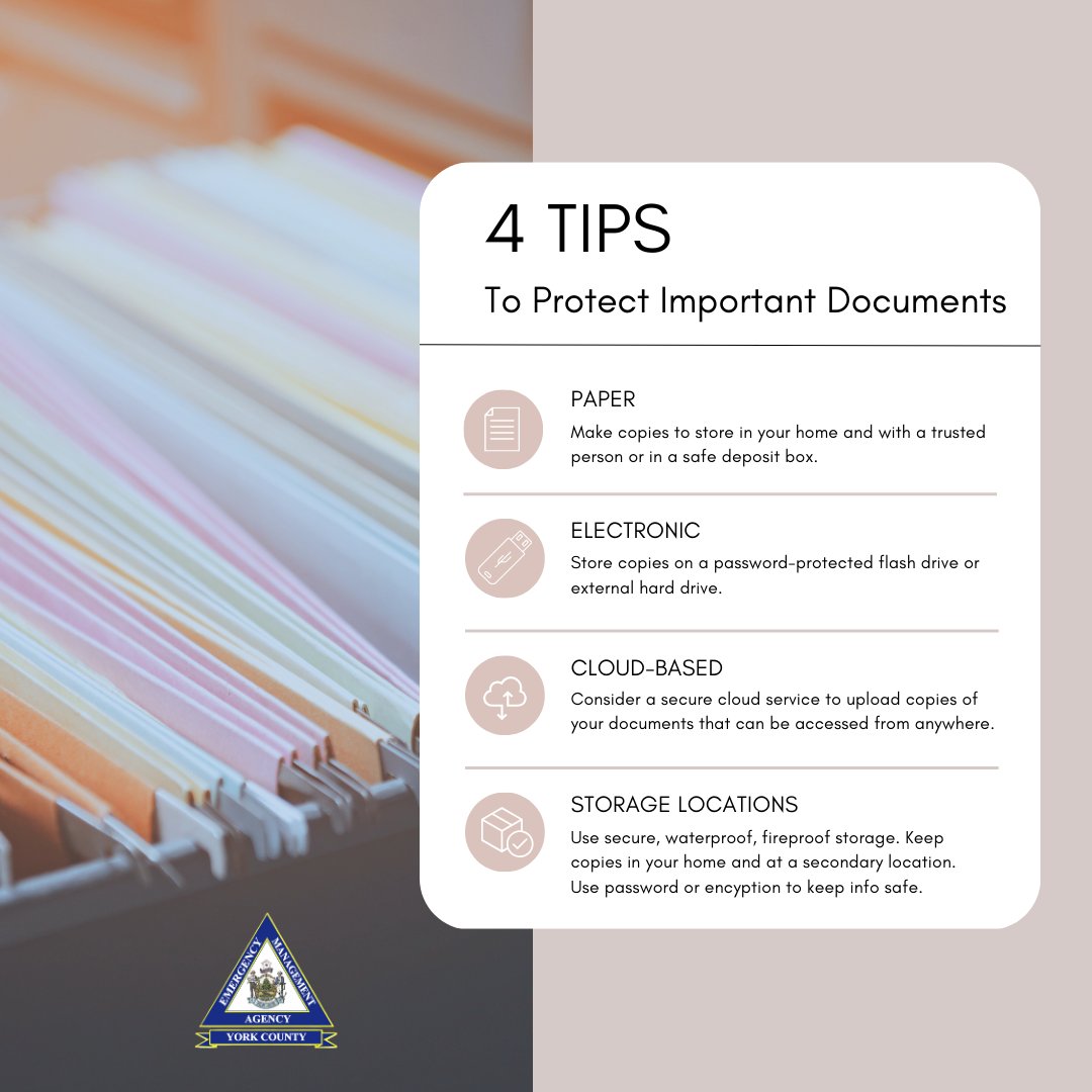 One way to #prepare for a disaster is to have copies of important documents, such as insurance policies, financial documents, & vital records. Learn ways to protect your documents & how to store so they're available should a disaster occur. #yorkcountyema #emergencypreparedness