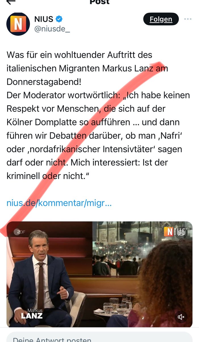 Glückwunsch Markus #Lanz Wer postive Erwähnung bei #Nius erhält, sollte sich selbst rasch überdenken. Wer die Bezeichnung “Nafri“ relativiert darf sich #Rassist nennen.