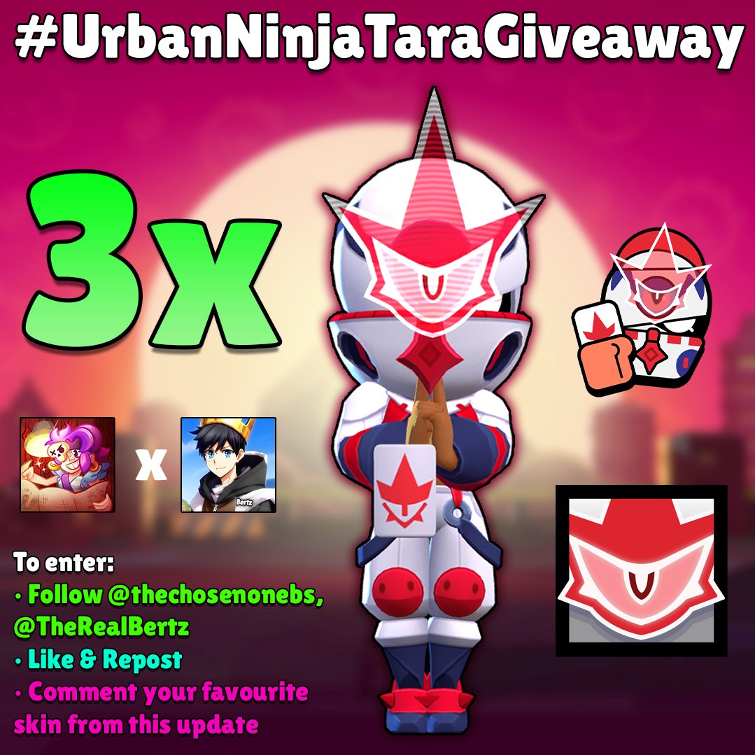 3x #UrbanNinjaTaraGiveaway!

To enter:
• Follow <a href="/thechosenonebs/">Code: Chosen 🇮🇳</a>, <a href="/TheRealBertz/">Bertz</a> 🤝
• Like &amp; Repost this post ❤️♻️
• Comment your favourite skin from this update 💬

That's it! Winners will be picked by March 3rd! 🔥

#BrawlStars #Godzilla