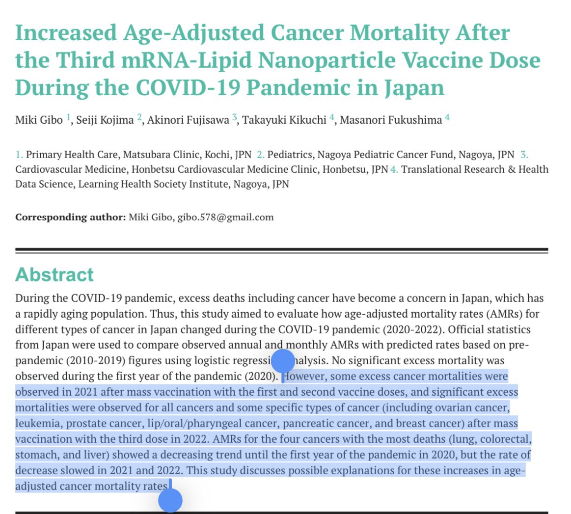 Statistically significant increases in age-adjusted mortality rates of all cancer and some specific types of cancer, namely, ovarian cancer, leukaemia, prostate, lip/oral/pharyngeal, pancreatic, and breast cancers, were observed in 2022 after two-thirds of the Japanese population