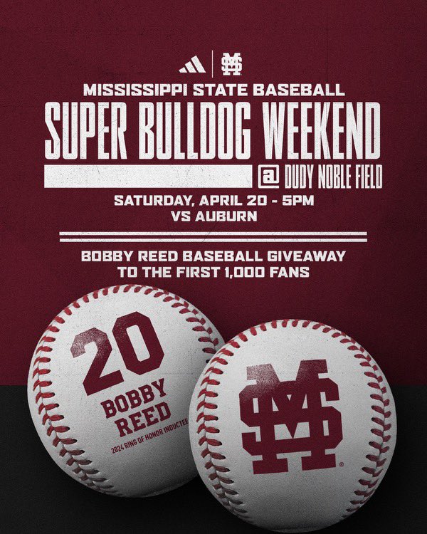 It’s 𝙎𝙐𝙋𝙀𝙍 𝘽𝙐𝙇𝙇𝘿𝙊𝙂 𝙒𝙀𝙀𝙆𝙀𝙉𝘿 at The Dude! ⚾️

The first 1,000 fans will receiver Bobby Reed Ring of Honor baseballs! 

🎟️» hailst.at/BBSBW24

#HailState🐶 x #SBW24