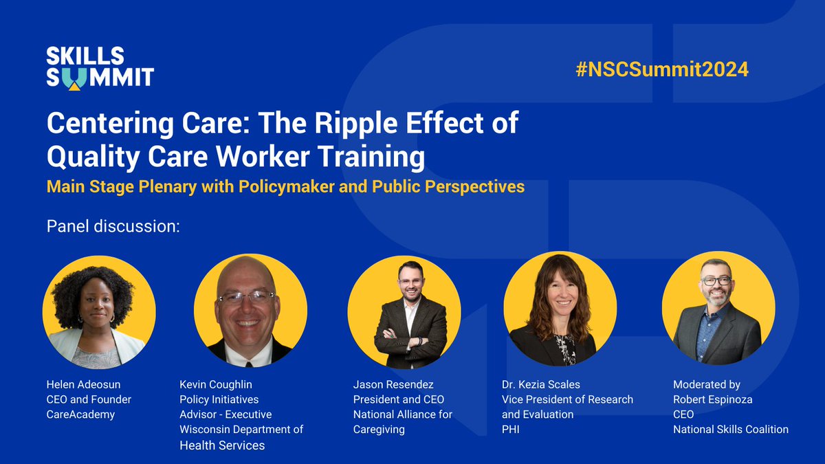 At #NSCSummit2024, we will examine perspectives on the care economy and how public and private leaders can prioritize #skills training and #jobquality within the care workforce. Moderated by NSC CEO @_RobertEspinoza.

Registration for the Summit here: nationalskillssummit.com/register