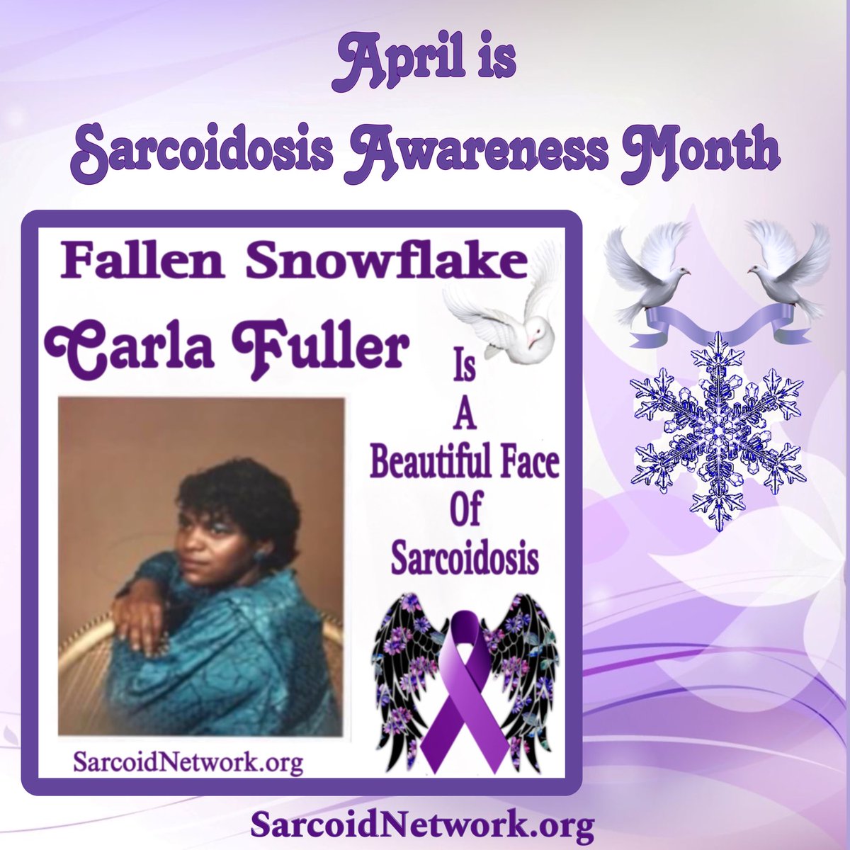 This is our Sarcoidosis Sister Fallen Snowflake Carla Fuller and she is a Beautiful Face of Sarcoidosis!💜

#Sarcoidosis #raredisease #preciousmemories #patientadvocate #sarcoidosisadvocate #beautifulfacesofsarcoidosis #sarcoidosisawarenessmonth