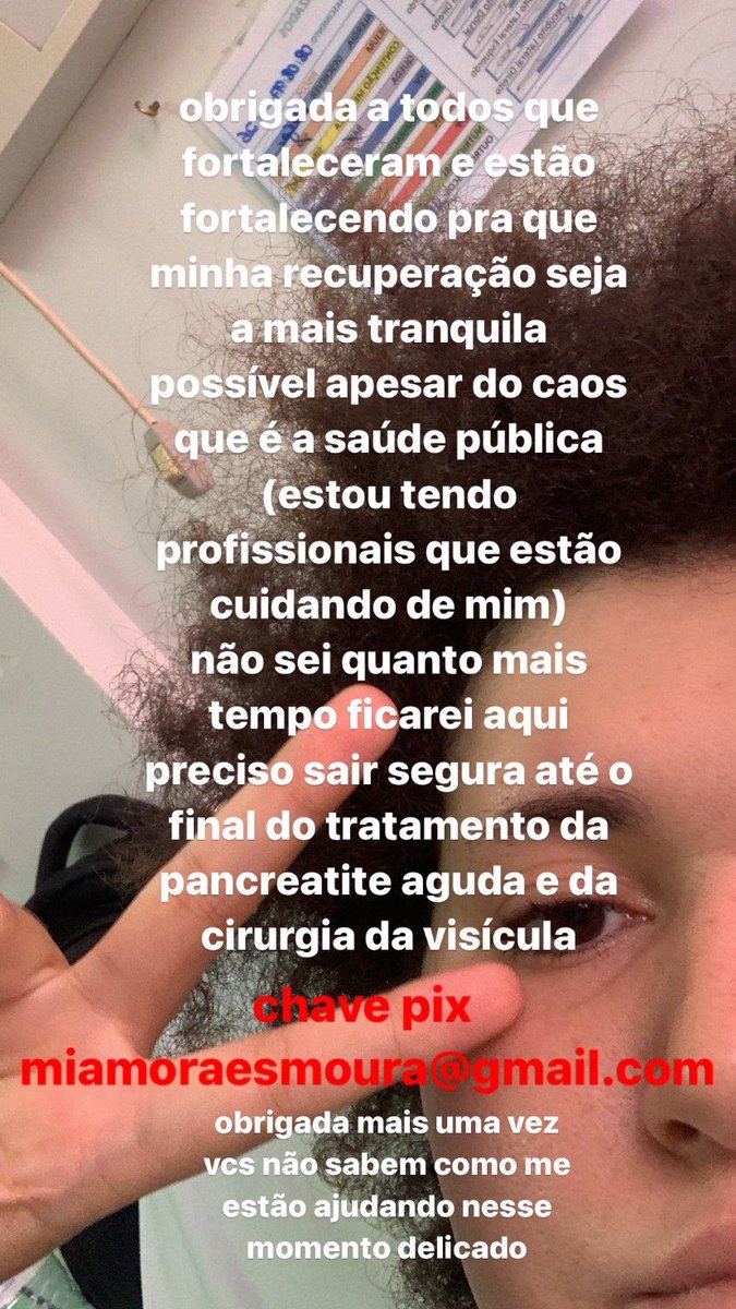 ainda estou internada, nesse momento tratando meu diagnóstico de pancreatite aguda pra após fazer a cirurgia da visicula, preciso sair segura de todo esse tratamento até o final. por favor se puderem colaborem, compartilhem 🥹❤️‍🩹 CHAVE PIX: miamoraesmoura@gmail.com