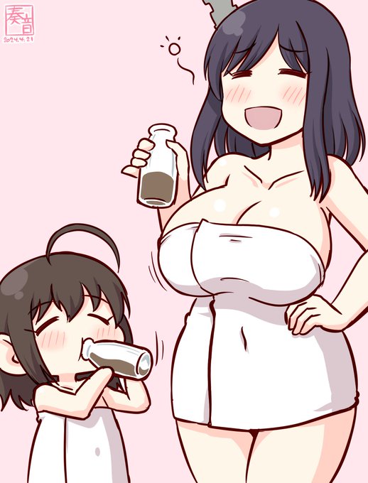 「ぷは～～～～!
 やっぱりお風呂あがりはコーヒー牛乳よね!」
「こうひにゅうにゅ、おいし♥」くぴくぴ
「沁みるわねぇ～」

#ママ城とちびしぐ 