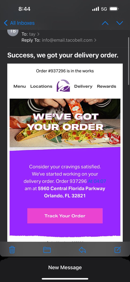 Tayrae3045's tweet photo. Somebody hacked my @tacobell account last night and ordered 40 dollars worth or food twice within minutes to different addresses in Florida and I live in Indiana. AND THEY DIDNT SEEM TO QUESTION. A THING. Shout out to my bank for canceling my card right away but now I’m out 80 $ https://t.co/1Q1gVzSRk5