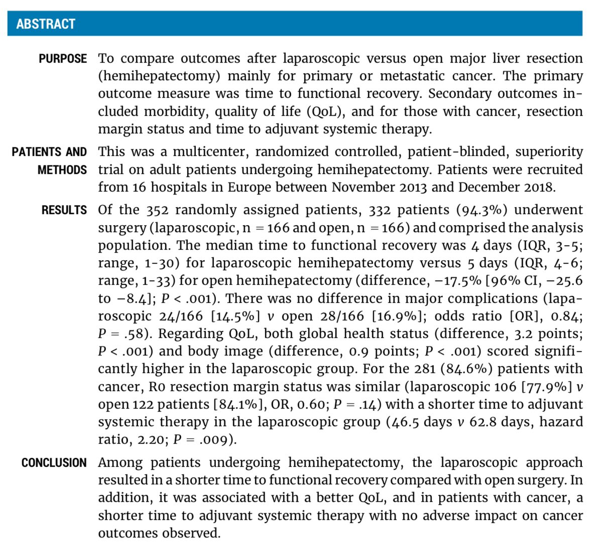 RCT Laparoscopic vs Open Hemihepatectomy? #liver #surgery #ORANGE2plus published @JCO_ASCO: ➡️332 pts; 166 lap vs 166 open in 16 European centers 🇳🇱🇬🇧🇧🇪🇮🇹🇳🇴. 🔑 time to recovery 4 vs 5 days, p<.001 🔑 major complic. 14.5 vs 16.9%, p=.58 🔑 global health status, p<.001 🔑 body