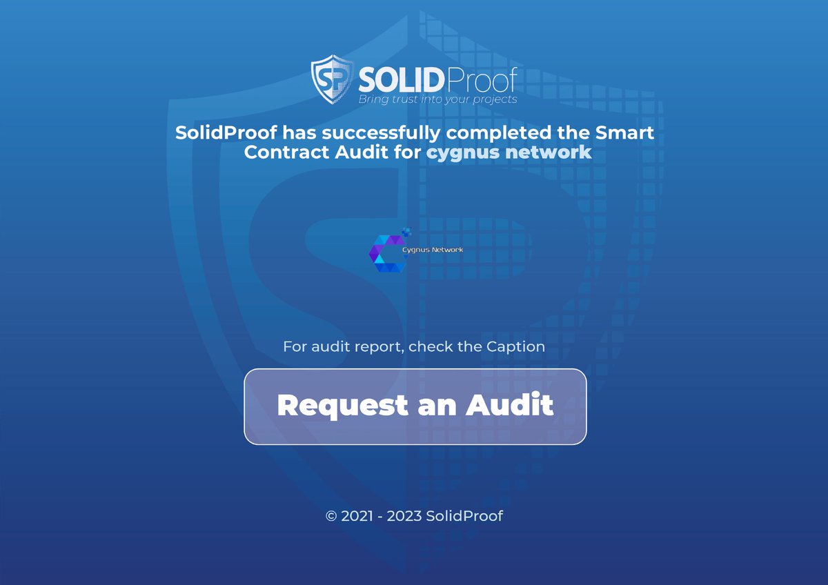 solidproof_news's tweet photo. We are happy to announce that we have completed the smart contract audit for @CygnusNetworkAI 

Need an audit?
https://t.co/9DXI3qJ4S9

Check out the full audit report here:

https://t.co/2hCTPbndyc

#SmartContracts #Blockchain https://t.co/WqilpMRrU5
