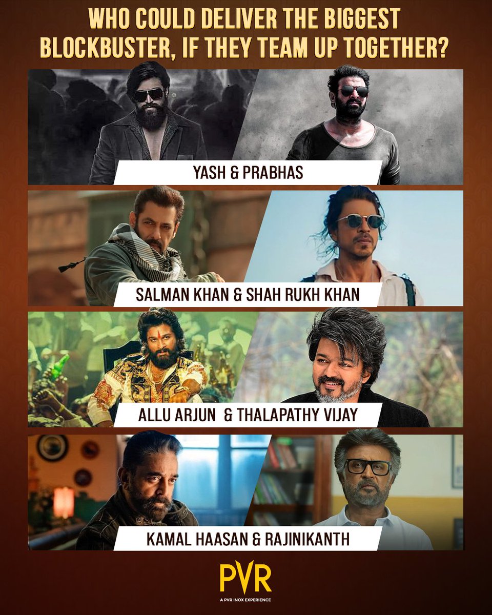 Pick a dynamic duo that you believe will set the big screen on fire if they collaborate for a film! 🎬🔥 Share your answer in the comments. 
.
.
.
#Yash #Prabhas #SalmanKhan #ShahRukhKhan #AlluArjun #ThalapathyVijay #KamalHaasan #Rajinikanth