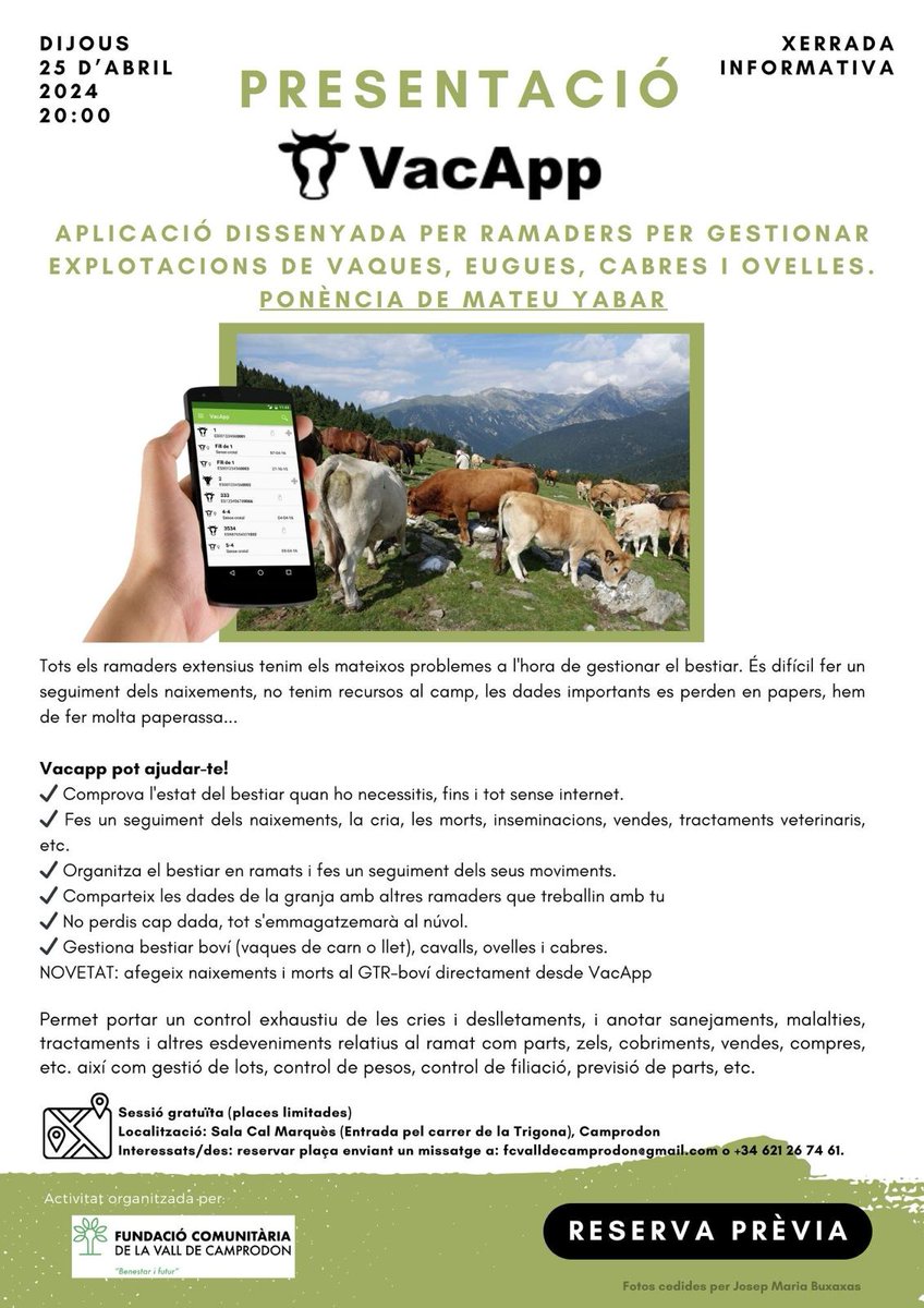 Vacapp_net_cat's tweet photo. Ramaders de boví, oví, cabrum i equí!

⏰ El dijous 25 d'abril farem una xerrada de VacApp a Camprodon a les 20:00.
🎓 Aprendreu per que serveix i com utilitzar l'aplicació. 
🥁 També mostrarem com podreu afegir naixements i morts al GTR directament des de VacApp. https://t.co/y1ma6fkxuS