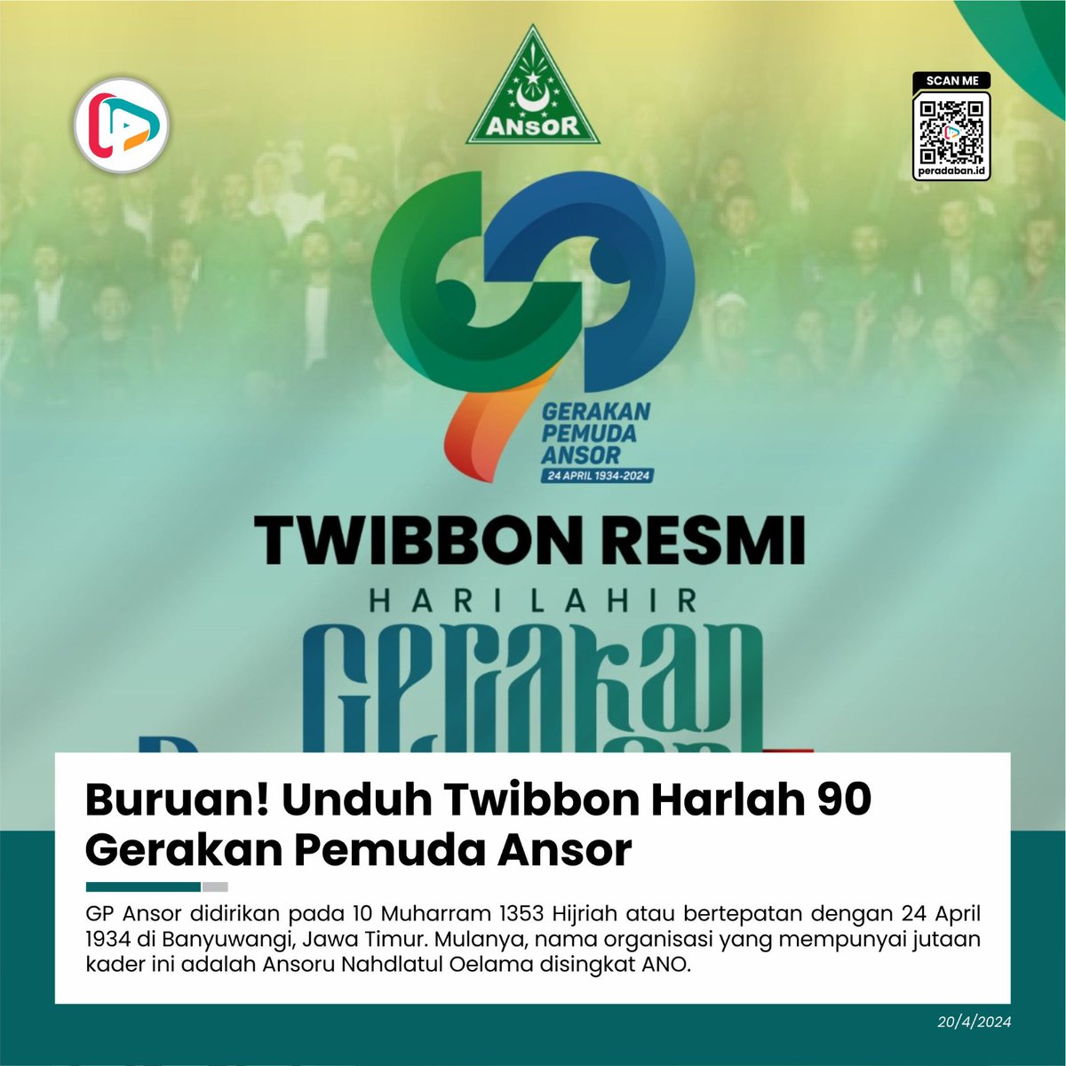 GP Ansor didirikan pada 10 Muharram 1353 H atau bertepatan dengan 24 April 1934 di Banyuwangi, Jawa Timur. Mulanya, nama organisasi yang mempunyai jutaan kader ini adalah Ansoru Nahdlatul Oelama disingkat ANO. #Harlah90GPAnsor @hayder_imron @GunRomli peradaban.id/buruan-unduh-t…