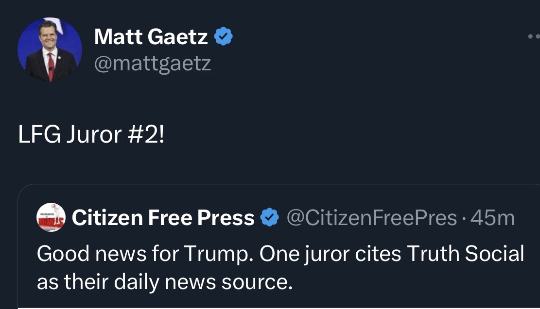 What the juror said: “I read basically everything. I am on Twitter. I follow Truth Social posts from Trump on Twitter. I do follow Michael Cohen, Mueller She Wrote, and a few others.” That also describes me. So I wouldn’t get too excited.