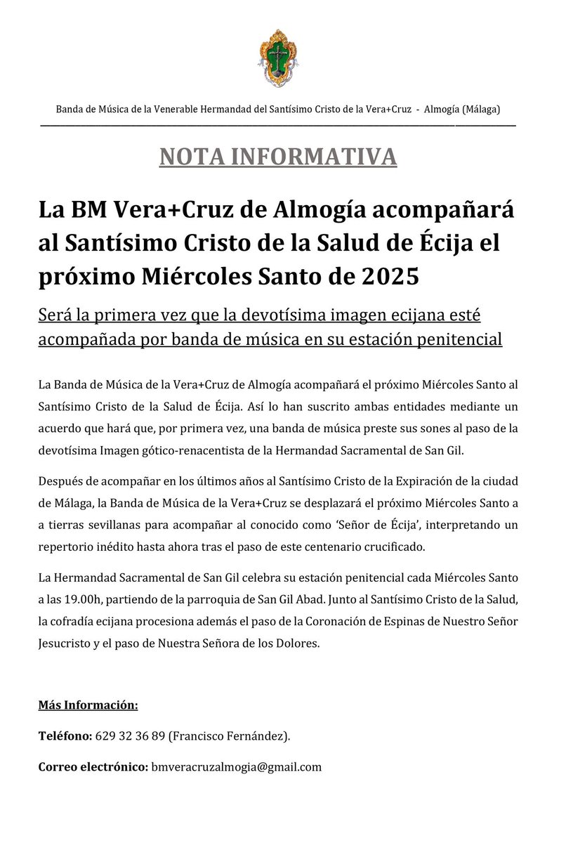 PasionDeSevilla's tweet photo. 🔴 ÚLTIMA HORA | La @BM_veracruz acompañará al Santísimo Cristo de la Salud de Écija el próximo Miércoles Santo de 2025.

#SSantaSevilla24 https://t.co/x5FGaDZ0mN