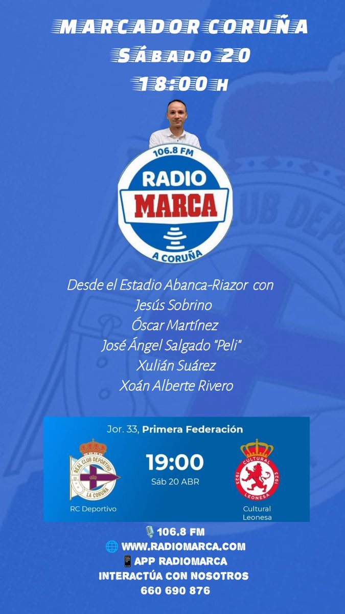 👋🏻 ¡A LAS 18.00 es tiempo de #MarcadorCoruna, de contarte el #DeporCultural!

🏟️ Riazor

📻 106.8 FM

🗣️ <a href="/JesusSobrinoGos/">Jesús Sobrino</a> 
🗣️ <a href="/oscarmartinez92/">Óscar Martínez</a> 
🗣️ @xoanalberte
🗣️ <a href="/pelicantona/">JAS</a> 
🗣️ <a href="/xiaodaleira/">Xulián Suárez</a>