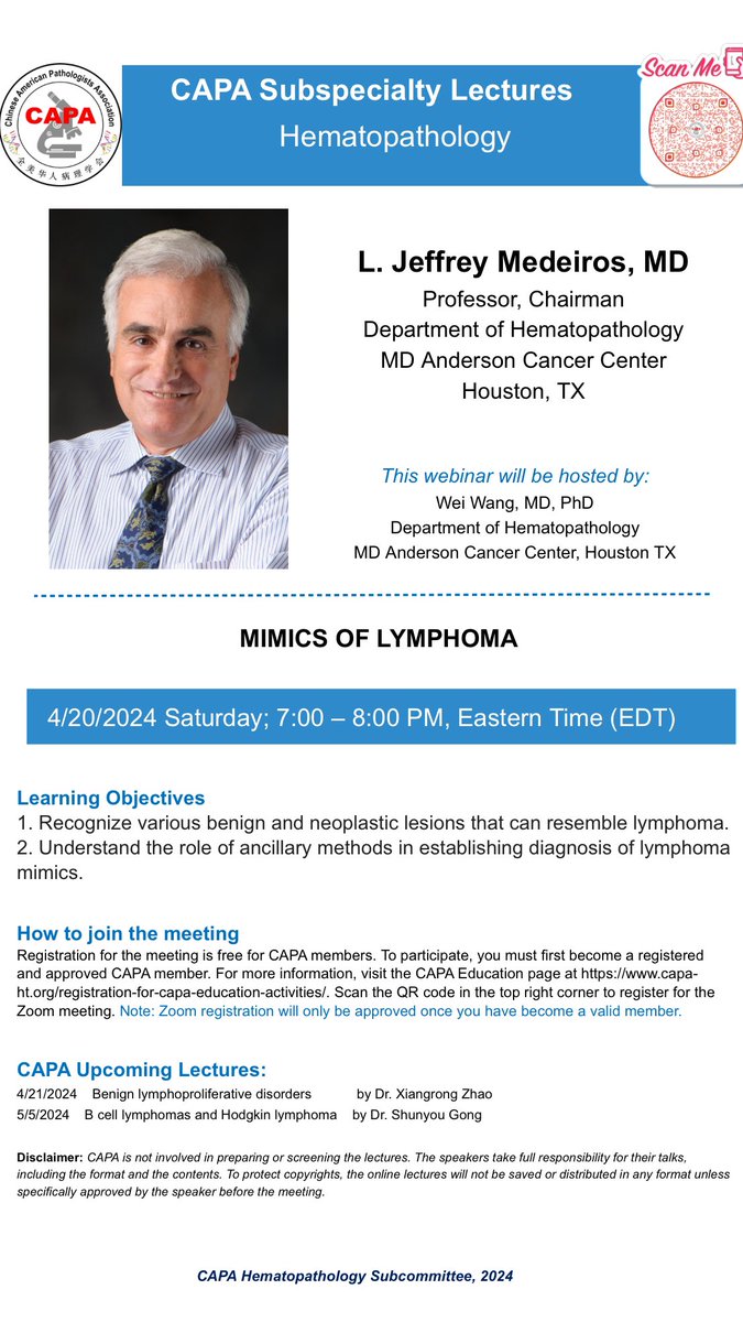 Happening today! Looking forward to seeing many of you this evening from 7:00-8:00 PM ET. Please also see some updates about the upcoming #HemePath lectures below.