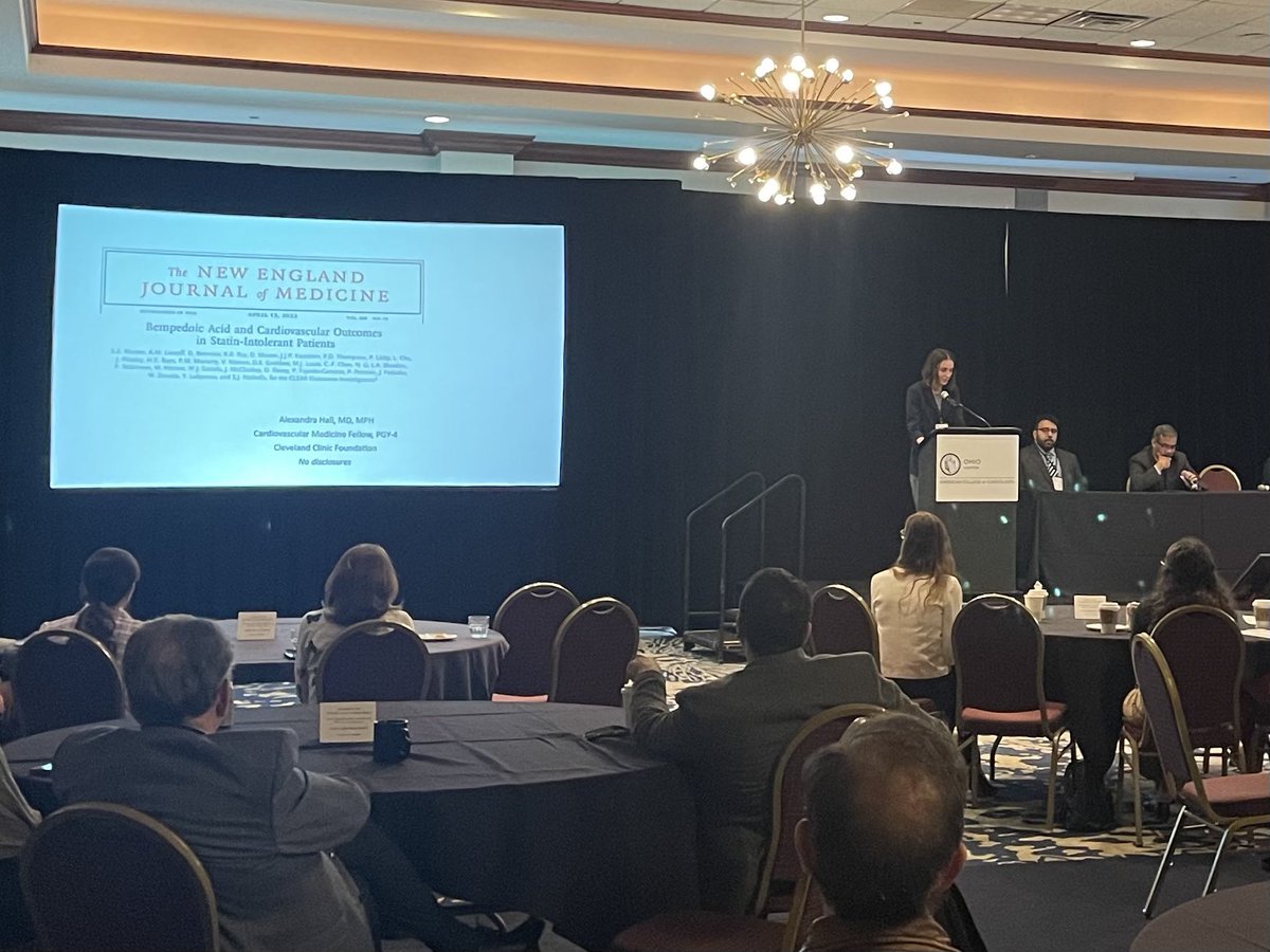 Alexandra Hall eloquently presenting on CLEAR Outcomes trial at Ohio- ACC Spring Summit with Dr. Menon moderating! Informative session! @CCFcards @venumenon10 @ClevelandClinic