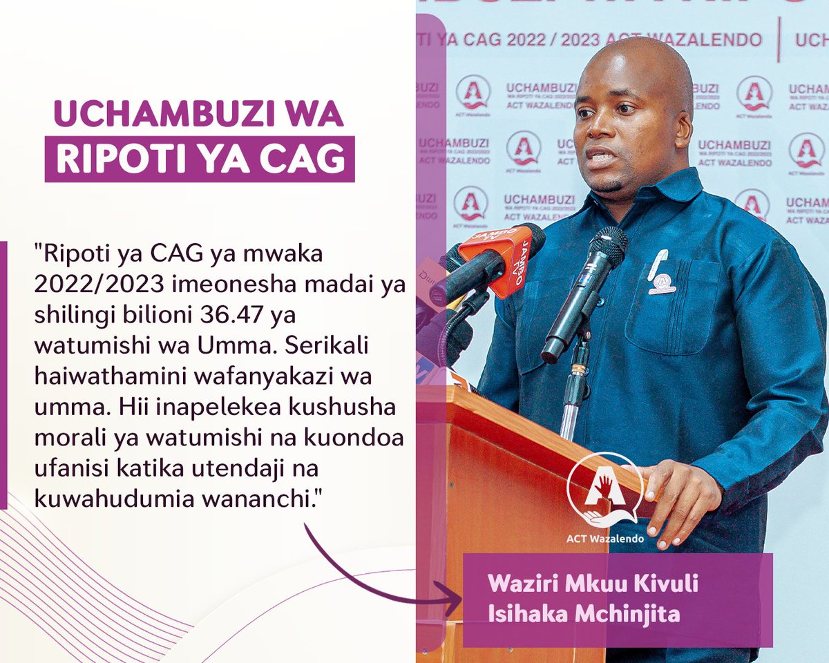 'Ripoti ya CAG 2022/23 imeonesha madai ya ShT bilioni 36.47 ya watumishi wa Umma. Serikali haiwathamini wafanyakazi wa umma. Hii inapelekea kushusha morali ya watumishi na kuondoa ufanisi katika utendaji na kuwahudumia wananchi.' Waziri Mkuu Kivuli @MchinjitaIR @ACTwazalendo