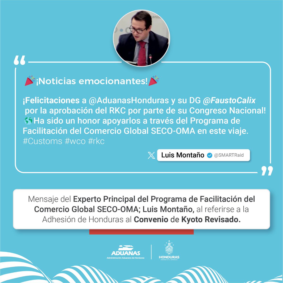 FaustoCalix's tweet photo. Comparto las diferentes opiniones que han expresado personeros de la Organización Mundial de Aduanas respecto a la aprobación por parte del @Congreso_HND para la adhesión de Honduras al convenio internacional para la simplificación y armonización de regímenes Aduaneros- Kyoto Revisado.