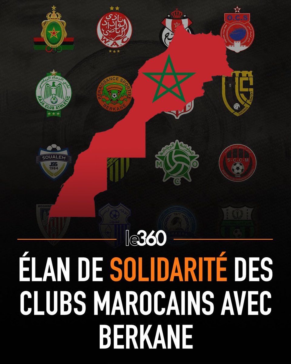 Le360fr's tweet photo. 🇲🇦🇩🇿 Wydad, Raja, Oujda, Béni Mellal, Safi, Soualem, Nador… de nombreux clubs marocains sont montés au créneau pour exprimer leur solidarité avec la RSB.

Dans des messages diffusés sur les réseaux sociaux, les clubs marocains ont exprimé leur solidarité inconditionnelle avec la Renaissance sportive de Berkane, tout en dénonçant les comportements irresponsables et antisportifs qui ont entaché l’arrivée des Berkanis à Alger.

→ https://t.co/76fziBr54I