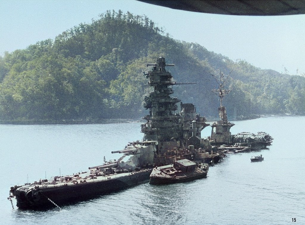 Japanese battleship Hyuga at Kure , 1945