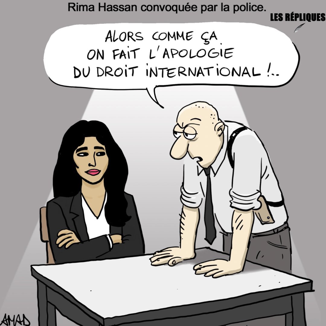 La juriste et candidate LFI aux européennes @RimaHas convoquée par la police pour « apologie de terrorisme » suite à son soutien au peuple Palestinien Dessin de @Amad_dessins pour Les Répliques