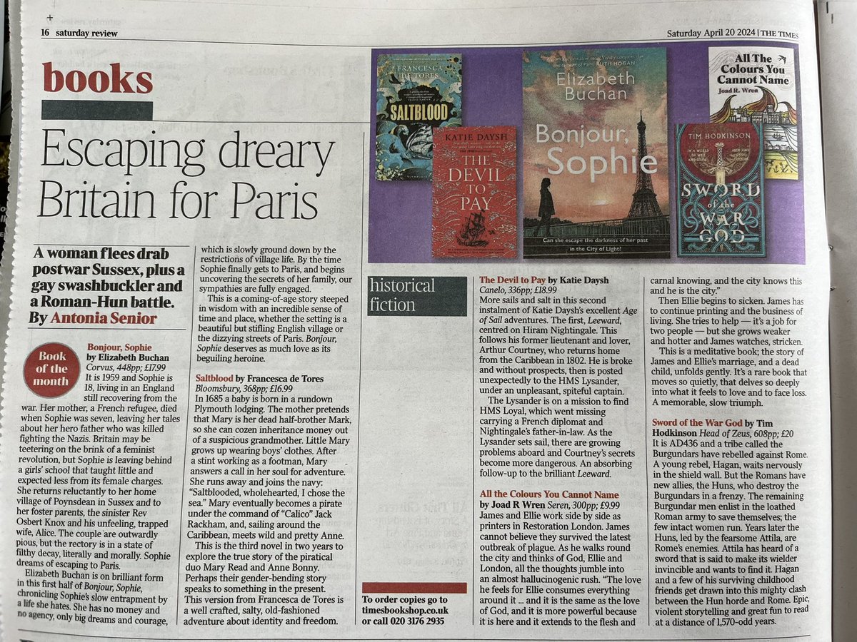 In @thetimes @TheTimesBooks in print today, review by @Tonisenior of All the Colours You Cannot Name my first novel. @SerenBooks @GeorginaCapel. Plague, fire and printing in 1666, a story of love and death. #AlltheColoursYouCannotName