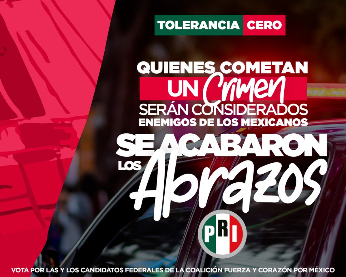 ¡Se acabaron los abrazos! Quien atente contra la paz y la seguridad de los mexicanos recibirá todo el peso de la ley. ¡#CeroTolerancia contra la delincuencia! #VotaPRI este dos de junio.