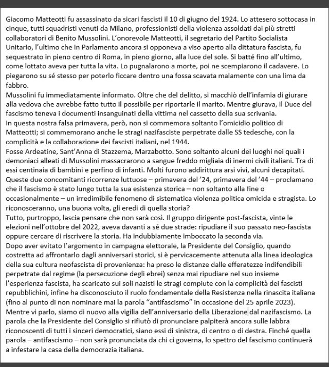 “Finché quella parola - antifascismo - non sarà pronunciata da chi ci governa, lo spettro del fascismo continuerà a infestare la casa della democrazia italiana” Il testo censurato alla Rai del monologo di Scurati, leggendolo si capisce perché a TeleMeloni non poteva essere letto.