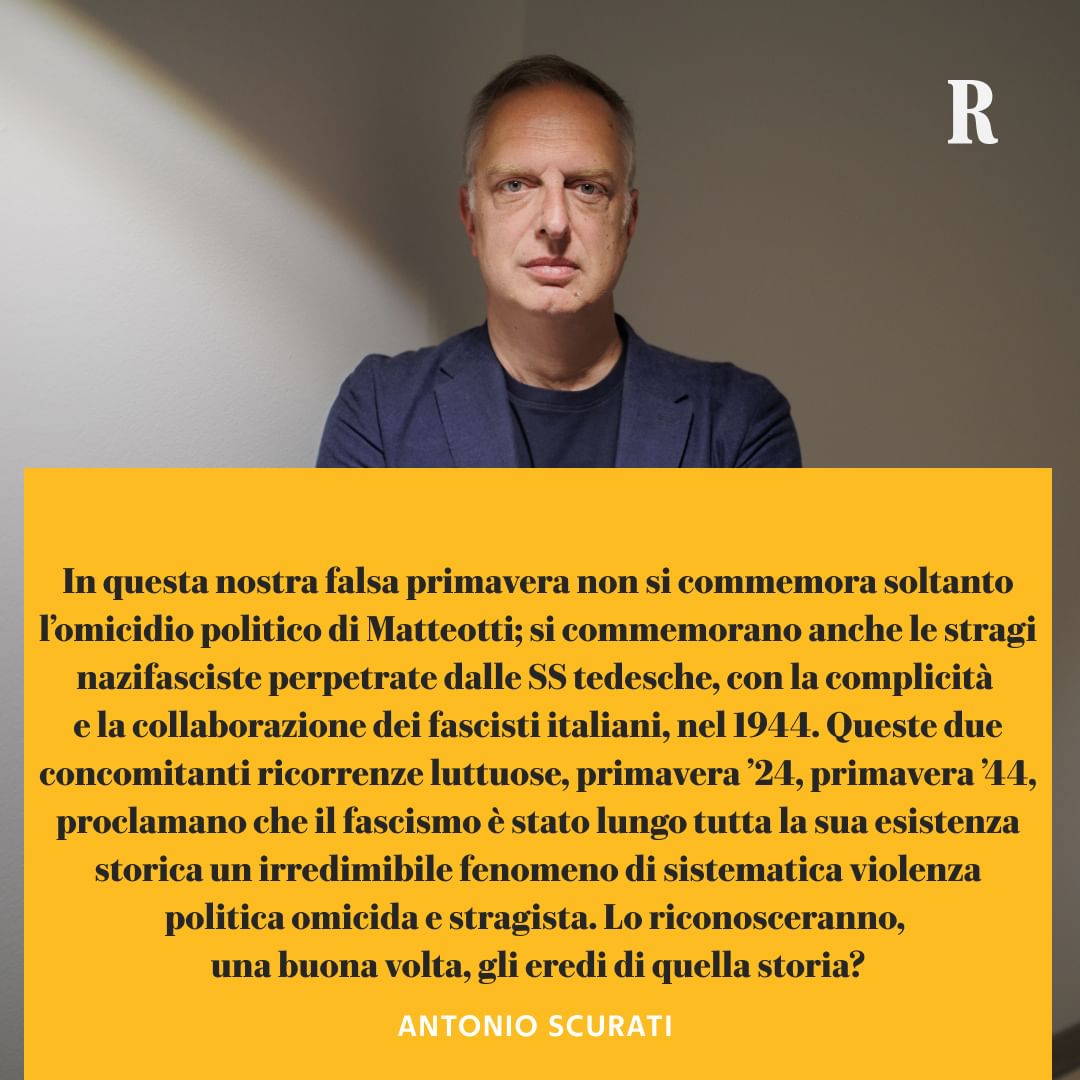 Pubblichiamo la versione integrale dell'intervento che Antonio Scurati avrebbe dovuto leggere durante la trasmissione 'Che sarà' alla vigilia della Liberazione larep.it/4aL6Sts