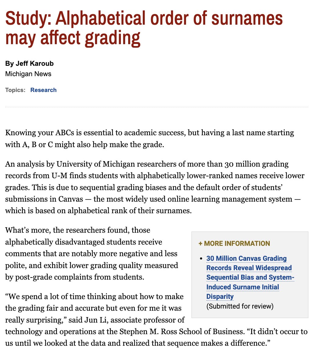 Students with last names later in the alphabet receive lower grades than those in the beginning.

Teachers give higher grades when they start and lower when they are tired of grading.

Teachers that grade Z-A give higher grades to late last names.

Delta is 0.6/100