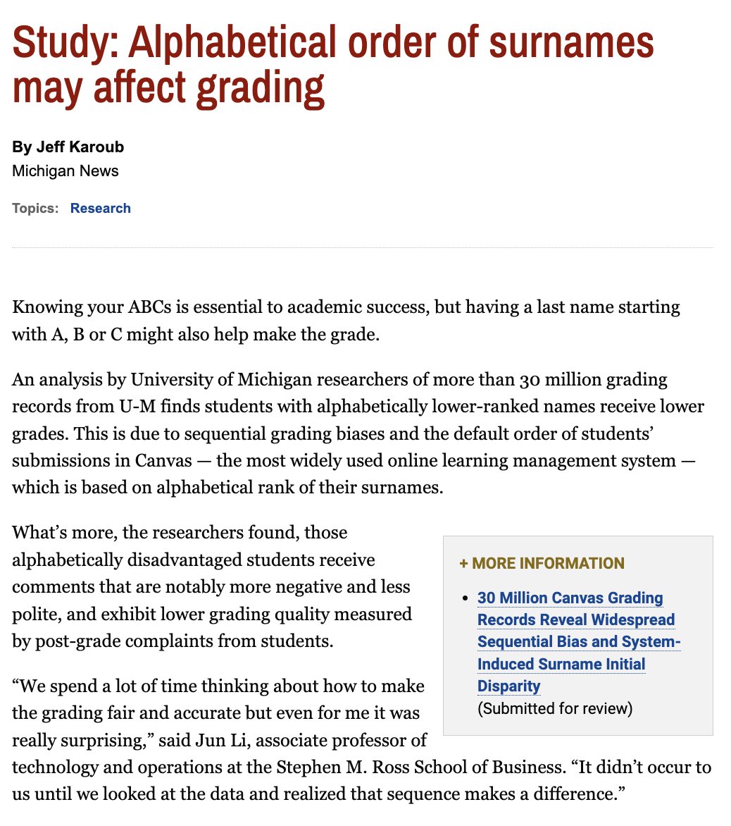 Students with last names later in the alphabet receive lower grades than those in the beginning. Teachers give higher grades when they start and lower when they are tired of grading. Teachers that grade Z-A give higher grades to late last names. Delta is 0.6/100