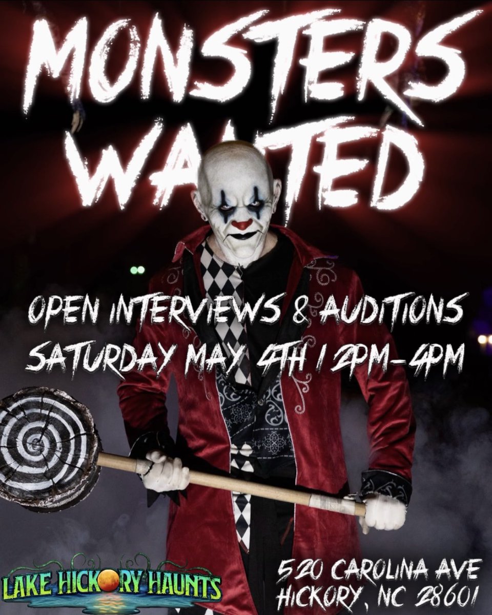 MONSTERS WANTED 🚨🧟‍♂️
Our next open interviews/auditions are in TWO WEEKS on Saturday May 4th 12PM-4PM! Whether you’re a monster or not, we want you to join our hauntingly wonderful crew 🎃
#Apply at LakeHickoryHaunts.com/jobs today!
#LakeHickoryHaunts #hauntedhouse #hiring