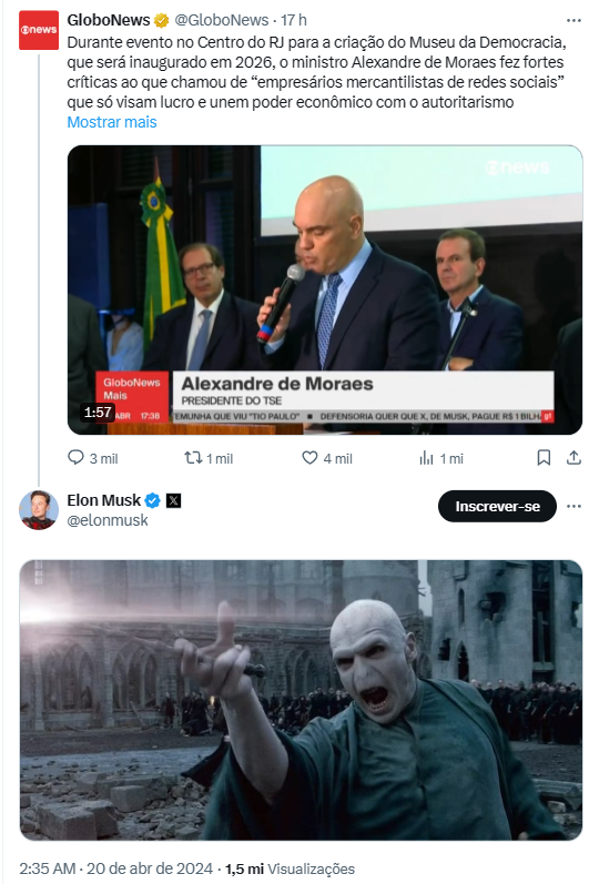 thomqrz's tweet photo. O Elon Musk respondeu um post da GloboNews onde o Moraes o chama de “empresário mercantilista das redes sociais”, com uma imagem do Lord Voldemort (Harry Potter).

Meu herói não usa capa, faz foguete, é muito mais rico que todos nós juntos, mas o humor para memes é o mesmo. 😂 https://t.co/NkQwoBzH8w