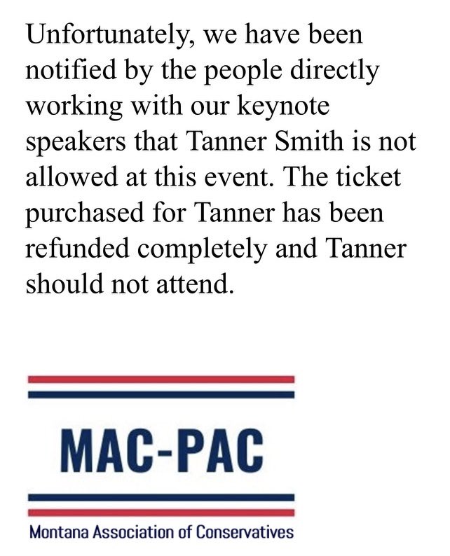 Tanner4Montana's tweet photo. Montana Association of “Conservatives” uninvited a true Montana conservative with a proven voting record. This was after purchasing a ticket and was offered a candidate table… the UNI Party swamp is at it again. I’m getting the full Rosendale treatment. 
Your VOTE matters on 6/4 https://t.co/ugoIgHxbnr