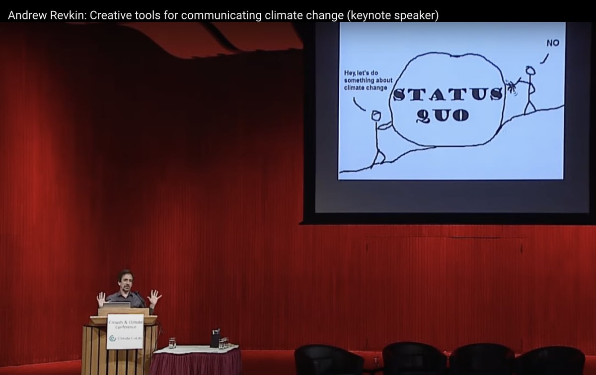 Revkin's tweet photo. Fun to look back at my older #sustcomm talks and see what holds up, and doesn't. Certainly in 2013 the up side of Twitter - and social media more generally - was far clearer than it is today. (It is still there but takes more work to extract!). But this cartoon by Kathy Zhang illustrating a point I've made for 15 yearas still holds up! Learn the context here on #sustainwhat: https://t.co/Ygo0yDpOGQ #actonclimate vs #statusquobias