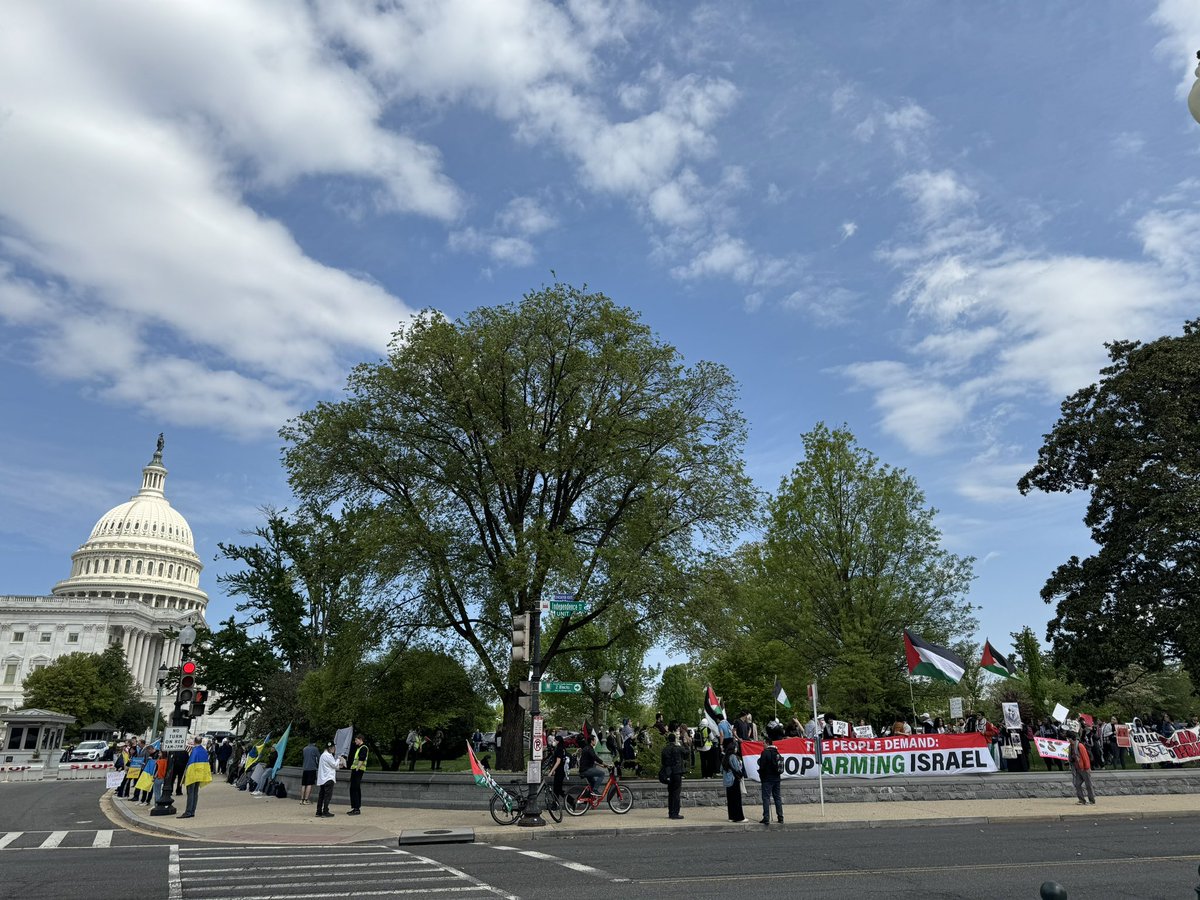 As the House prepares to vote on the foreign aid package, two demonstrations, one for Ukraine aid and another against money to Israel, side by side outside: