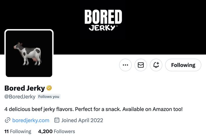 We hit 4,200 followers on 4/20 @BoredJerky. https://t.co/1yq4pNFp1K<a class="tags" target="_blank" title="On Twitter" href="/?out=eyJ0eXAiOiJKV1QiLCJhbGciOiJIUzUxMiJ9.eyJpYXQiOjE3MTk1NzE0OTgsImlzcyI6InR3cG9ybnN0YXJzLmNvbSIsIm5iZiI6MTcxOTU3MTQ5OCwiZXhwIjoxNzUxMTA3NDk4LCJyZWRpcmVjdF91cmwiOiJodHRwczovL3R3aXR0ZXIuY29tL0JvcmVkSmVya3kifQ.x-ZqVKmisutVjOcRzAUJn7v_wQNd3JhUdKbaBOAHRJ_KXWH1UlMq6VdqgKgHVisRKm_4ykl5b8ryQ3W6_djZsw">@BoredJerky</a>