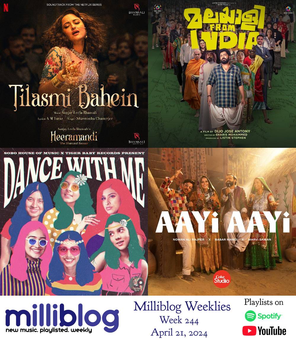 Milliblog Weeklies, Week 245 tinyurl.com/APR21-2024 A bumper playlist, thanks to last week's no-show. Fully loaded with a superb (entire) funky new pop album, Coke Studio from 2 neighbors, a brilliant Thyagaraja krithi fusion, and quite a few excellent Malayalam songs.